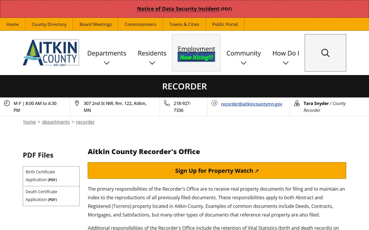 Aitkin County Court Administrator records Recorder distinction