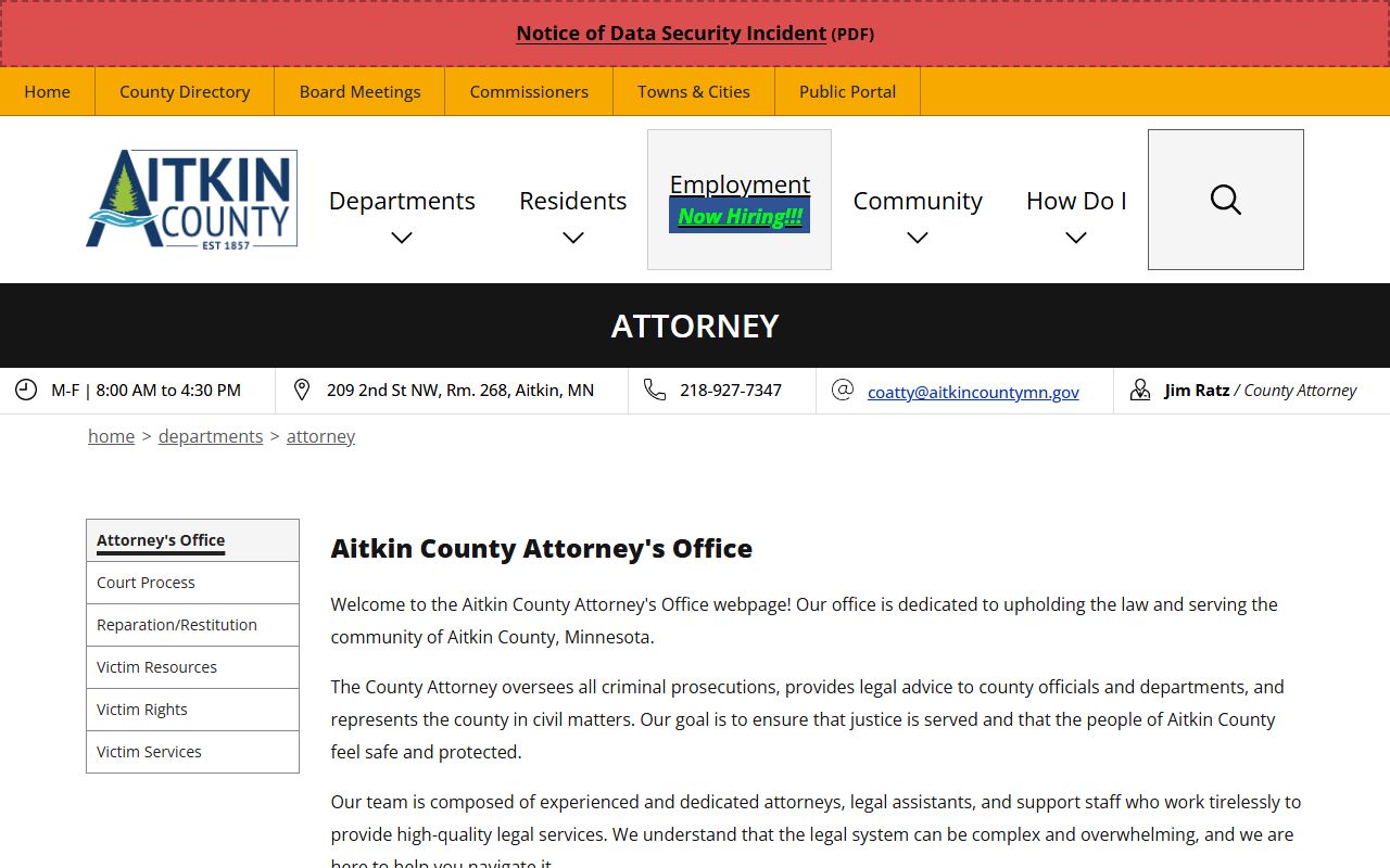 Aitkin County criminal court records County Attorney page