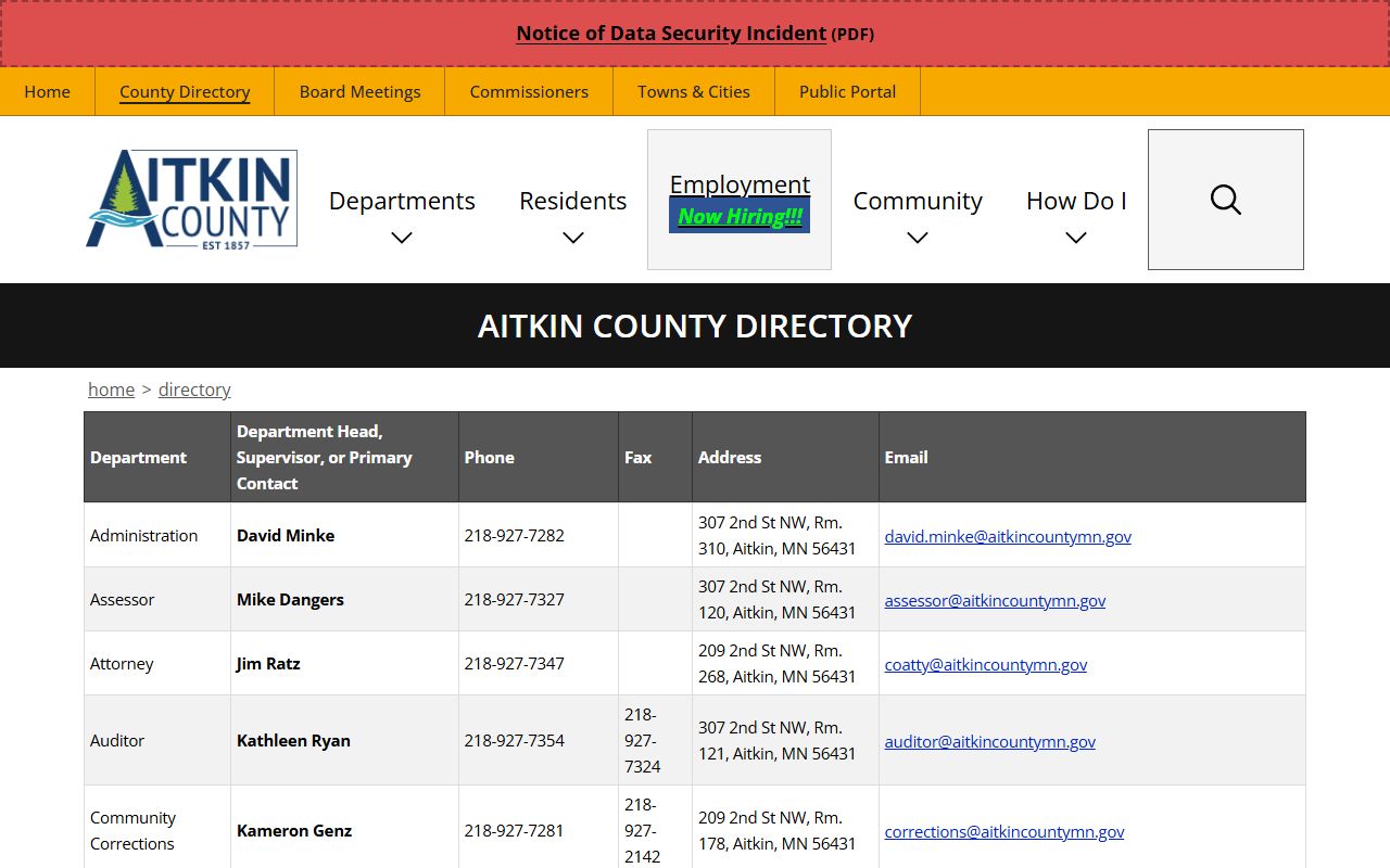 Aitkin County court records county department directory