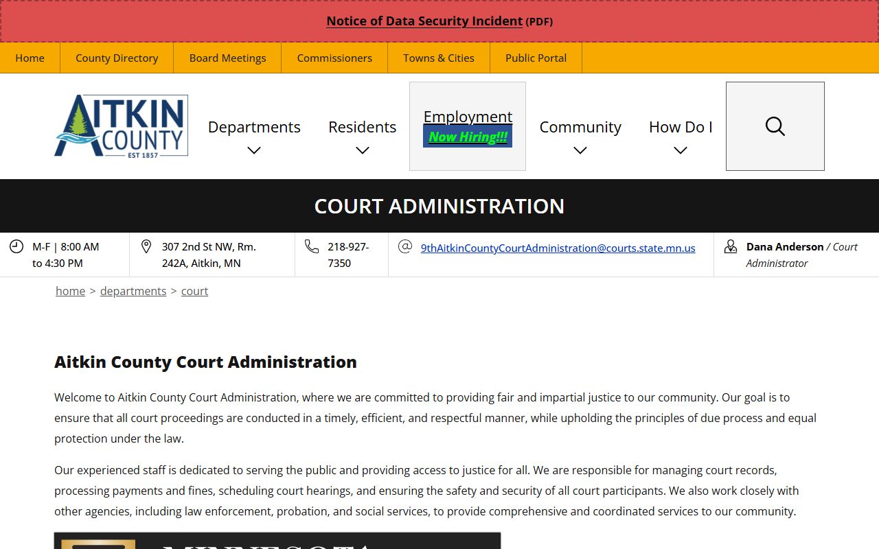 Aitkin County court records Court Administration page