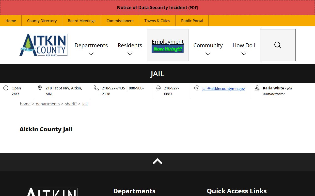 Aitkin County inmate search jail contact page source