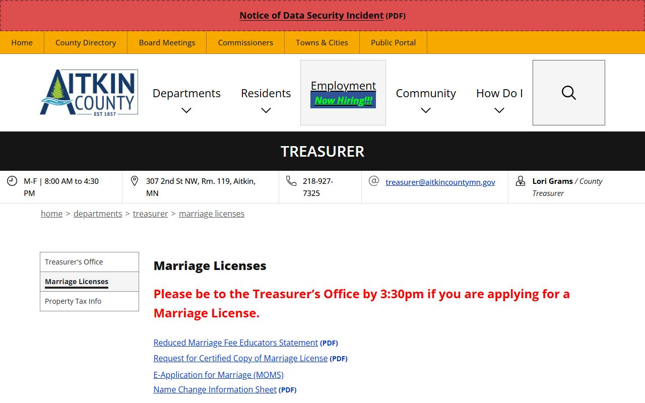 Aitkin County marriage and divorce records Treasurer marriage license instructions