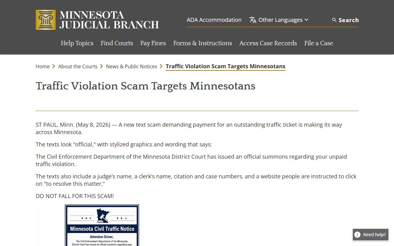 Aitkin County traffic court records traffic payment scam warning