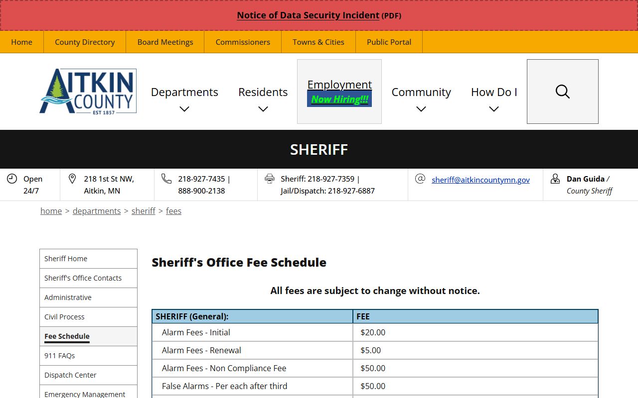 Aitkin County warrant records sheriff fee schedule source