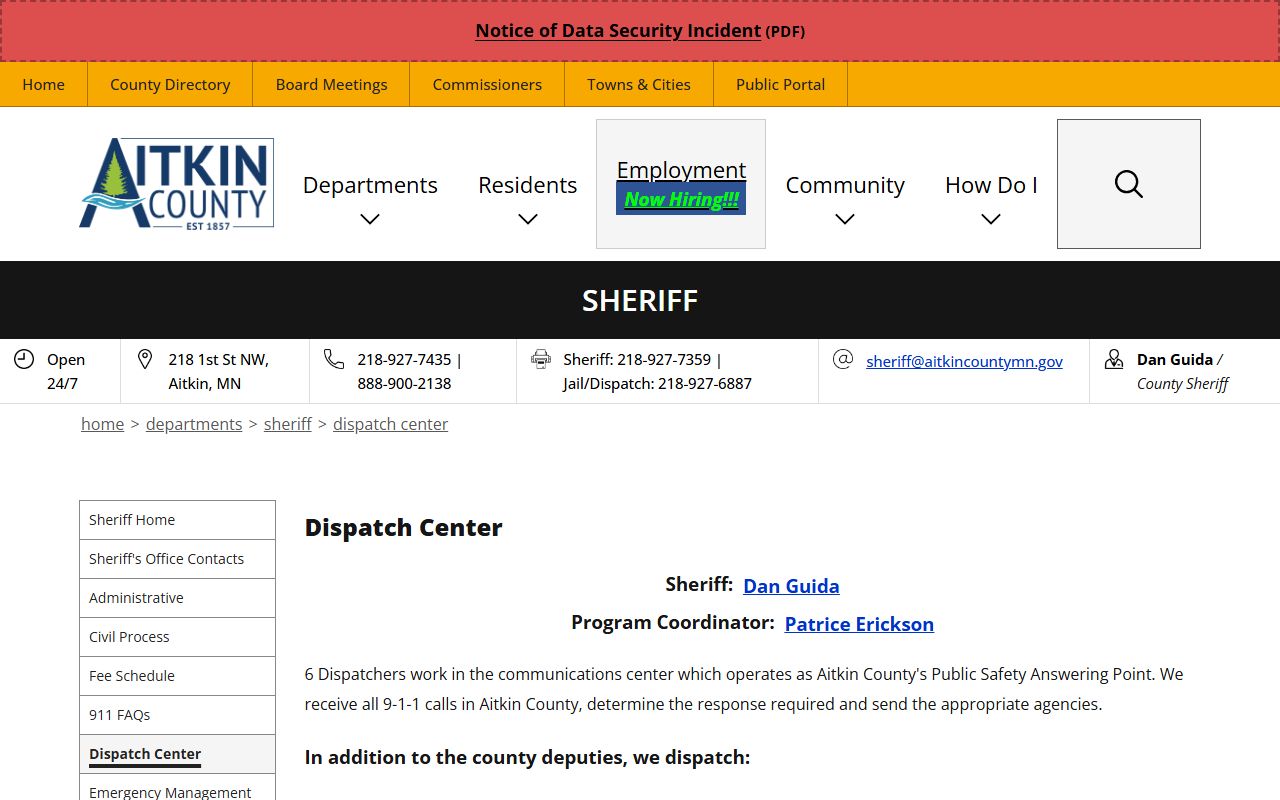 Aitkin County warrant dispatch contact source