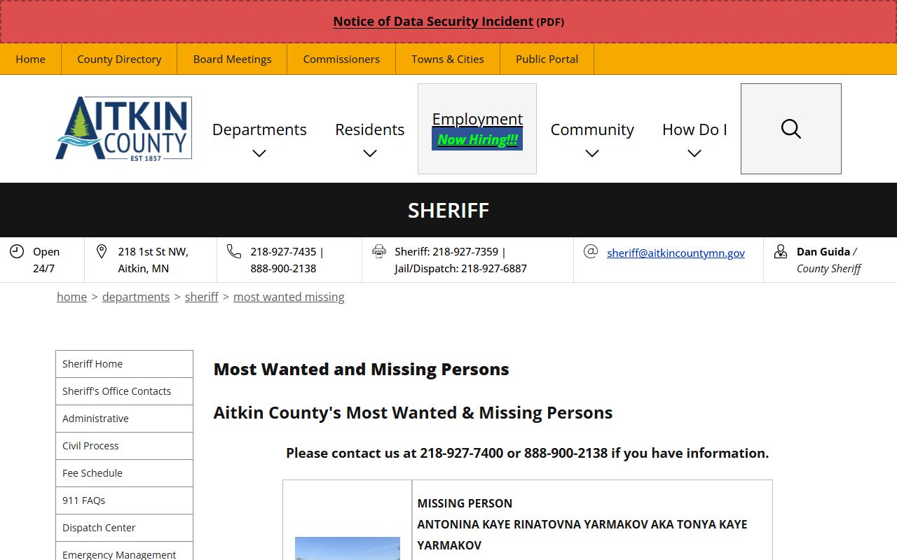 Aitkin County warrant records most wanted and missing persons source